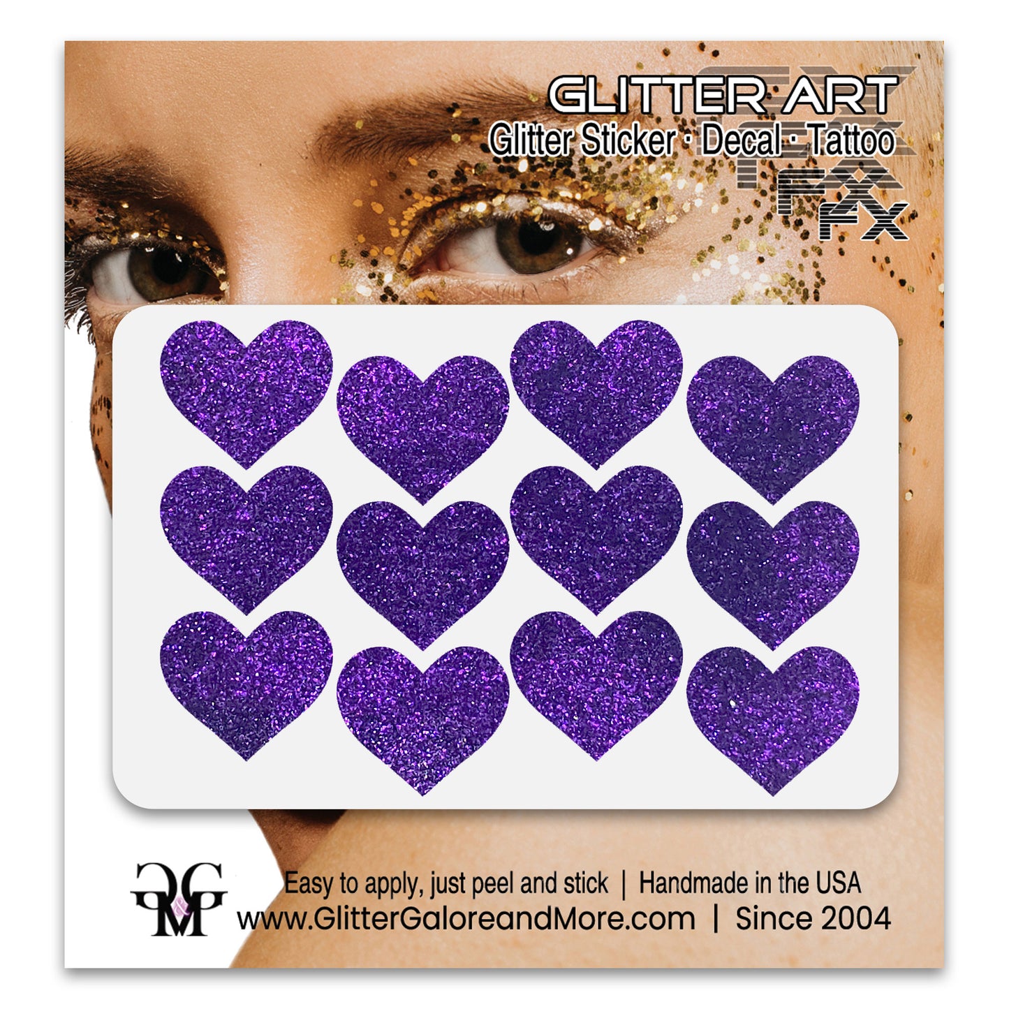 Bright Purple glitter heart face decals.