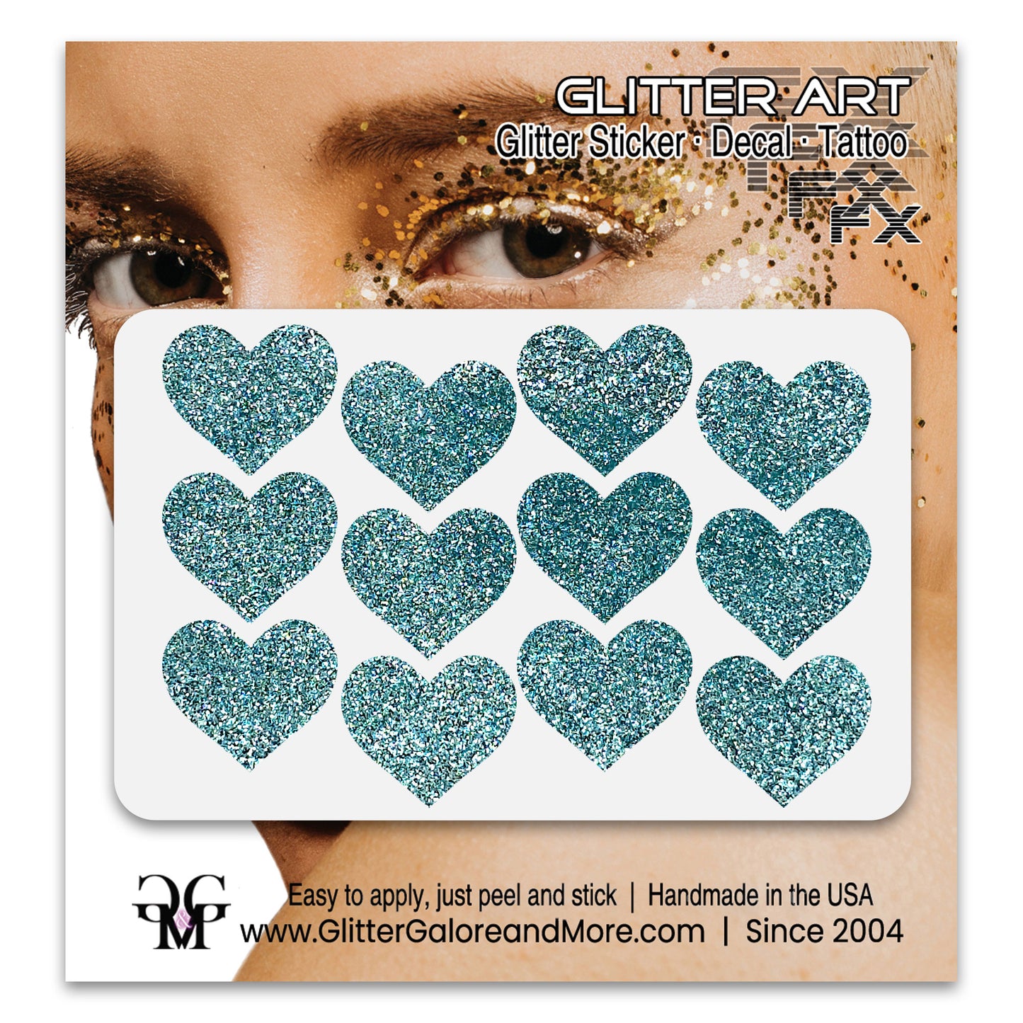Tiffany blue glitter heart face decals.