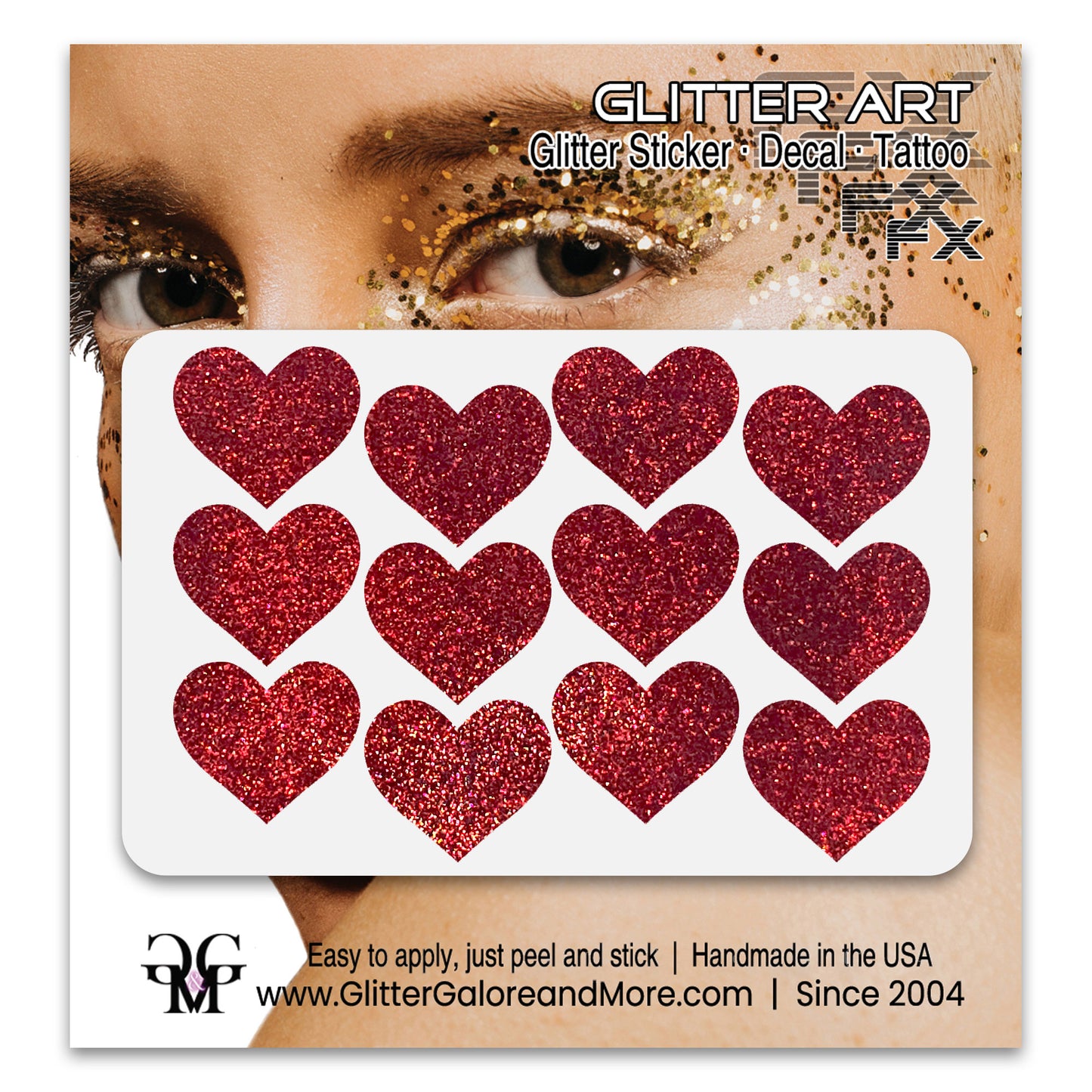Red glitter heart face decals.