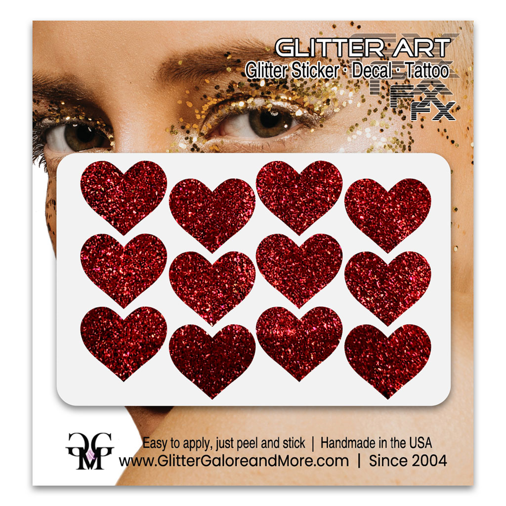 Red glitter heart face decals.