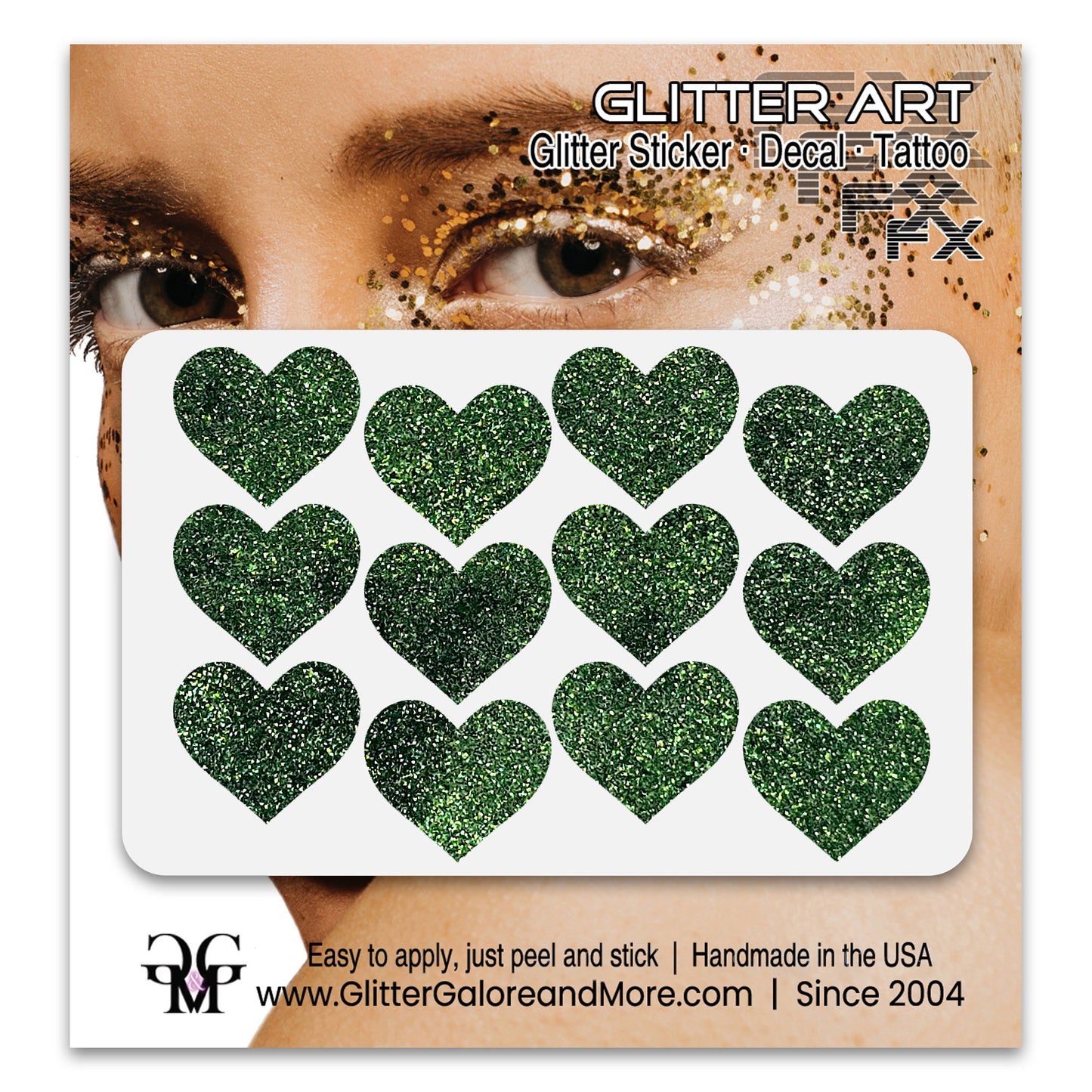 Olive green  glitter heart face decals.
