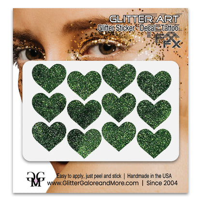 Olive green  glitter heart face decals.
