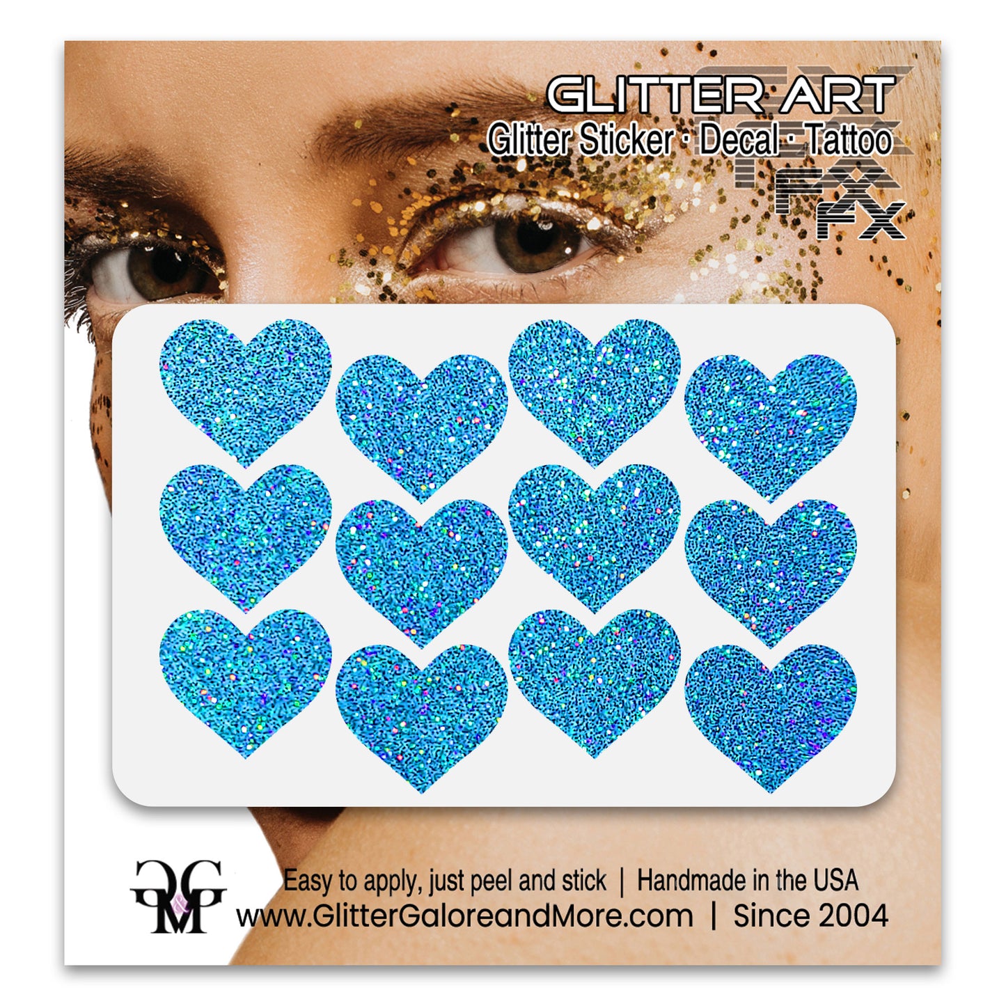 Blue prism glitter heart face decals.