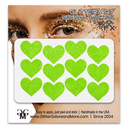 Electric Lime glitter heart face decals.