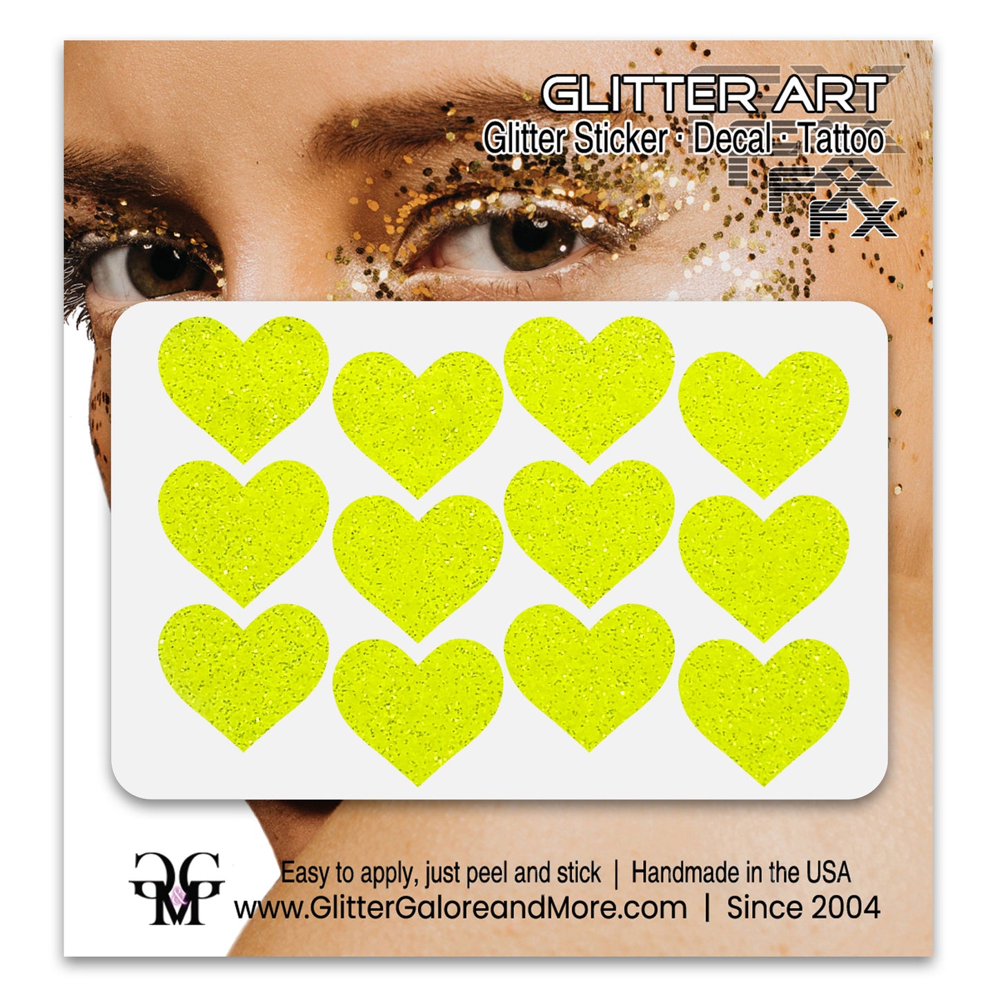 Electric Yellow glitter heart face decals.