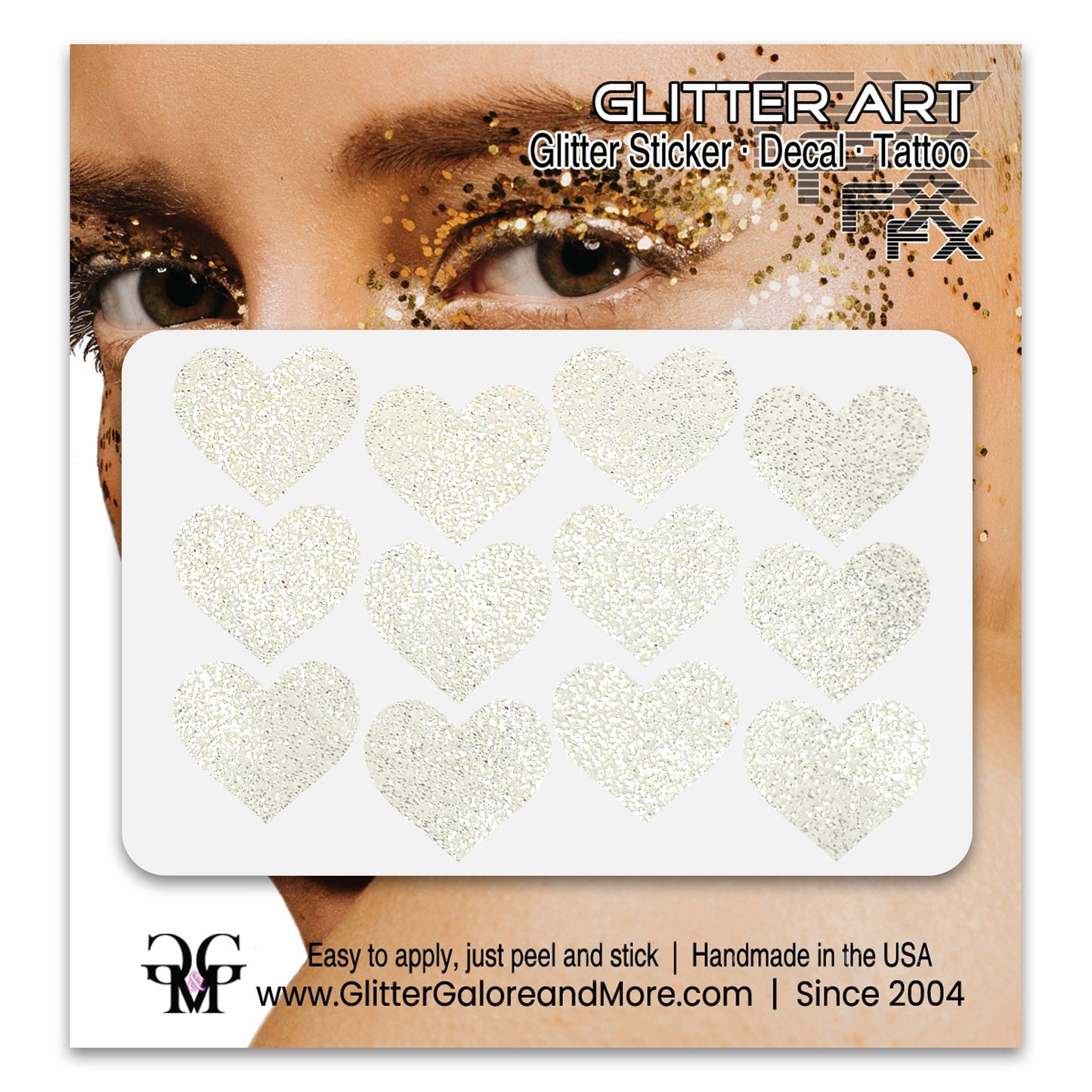 White glitter heart face decals.