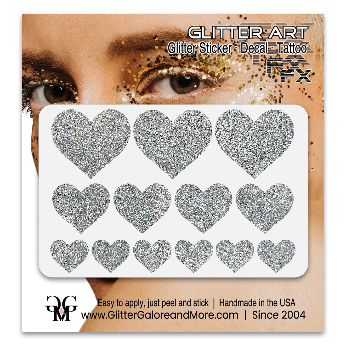 Silver Glitter Heart Face Decals.