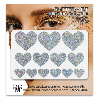 Silver Holo Glitter Heart Face Decals.