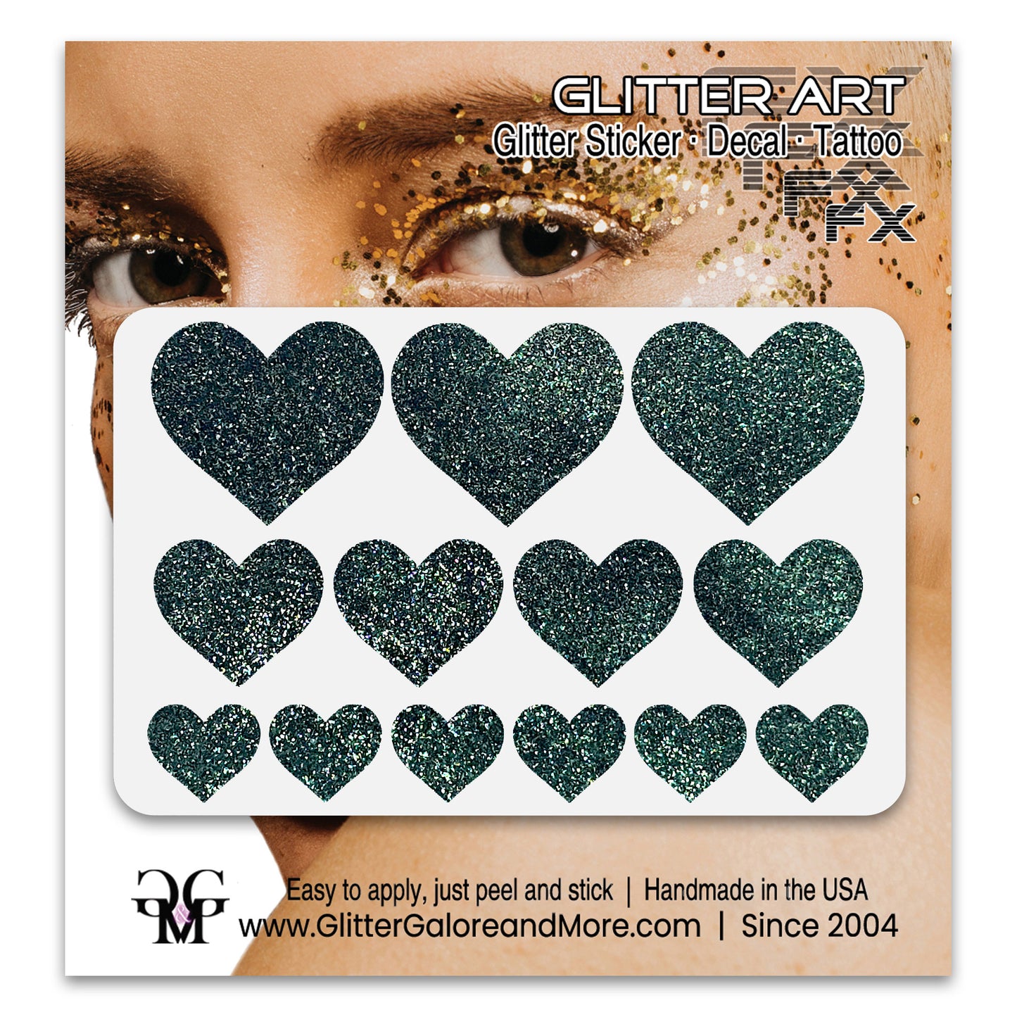 Forest Green Glitter Heart Face Decals.