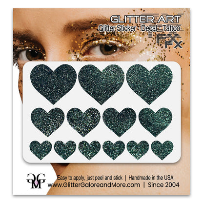 Forest Green Glitter Heart Face Decals.