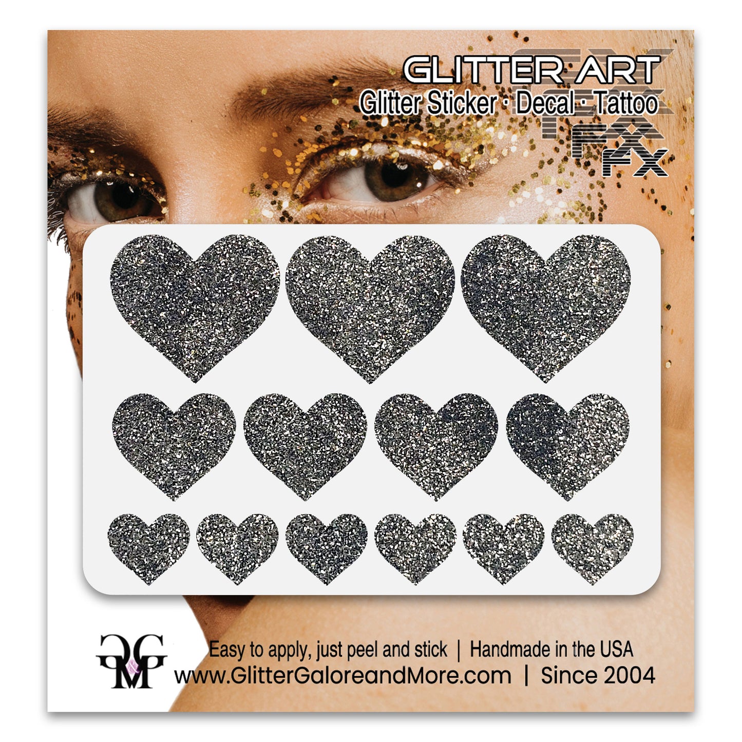 Pewter Glitter Hearts Temporary Tattoos.