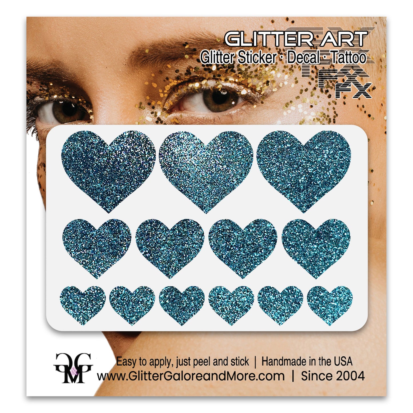 Teal Glitter Heart Face Decals.