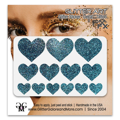 Teal Glitter Heart Face Decals.