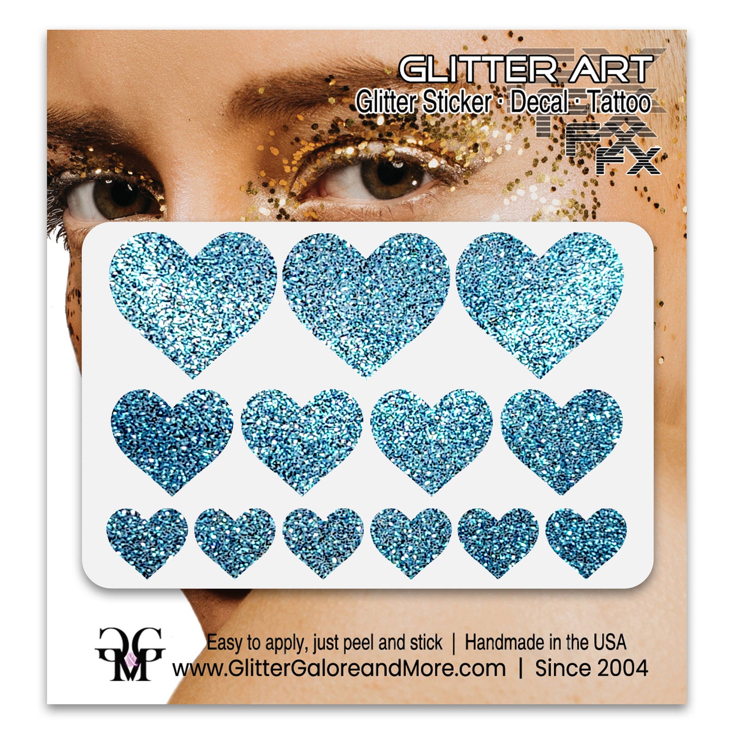 Light Blue Glitter Heart Face Decals.