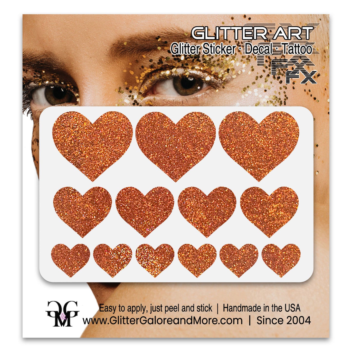 Orange Glitter Heart Face Decals.