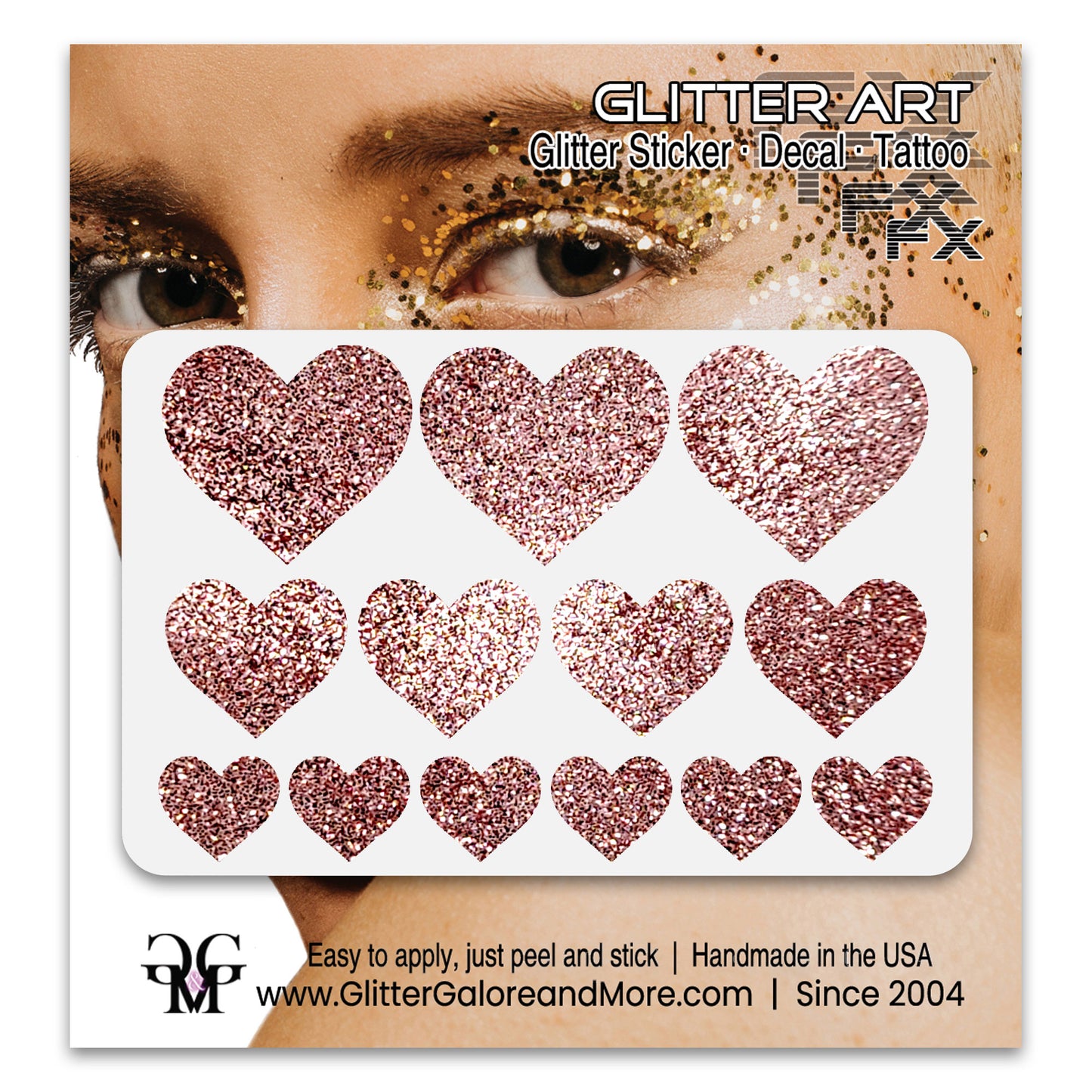 Dusty Rose Glitter Heart Face Decals.