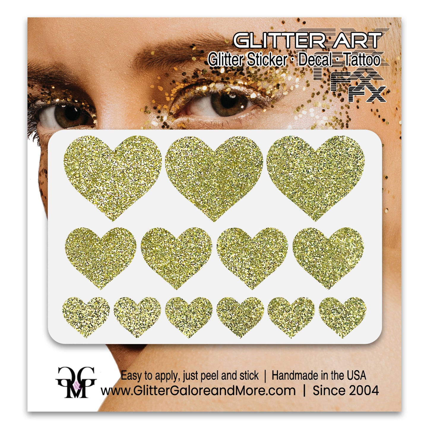 Yellow Glitter Heart Face Decals.