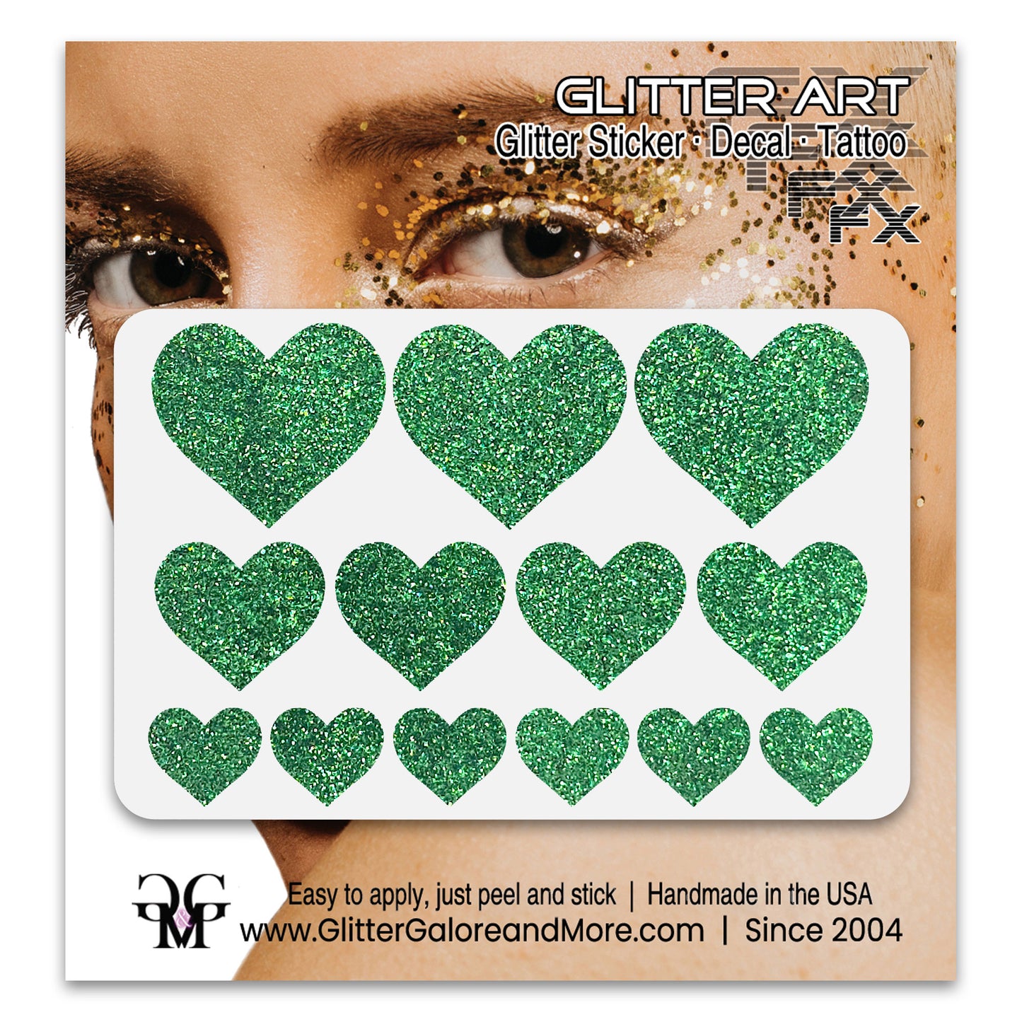 Kelly Green Glitter Heart Face Decals.