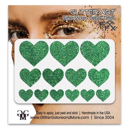 Kelly Green Glitter Heart Face Decals.