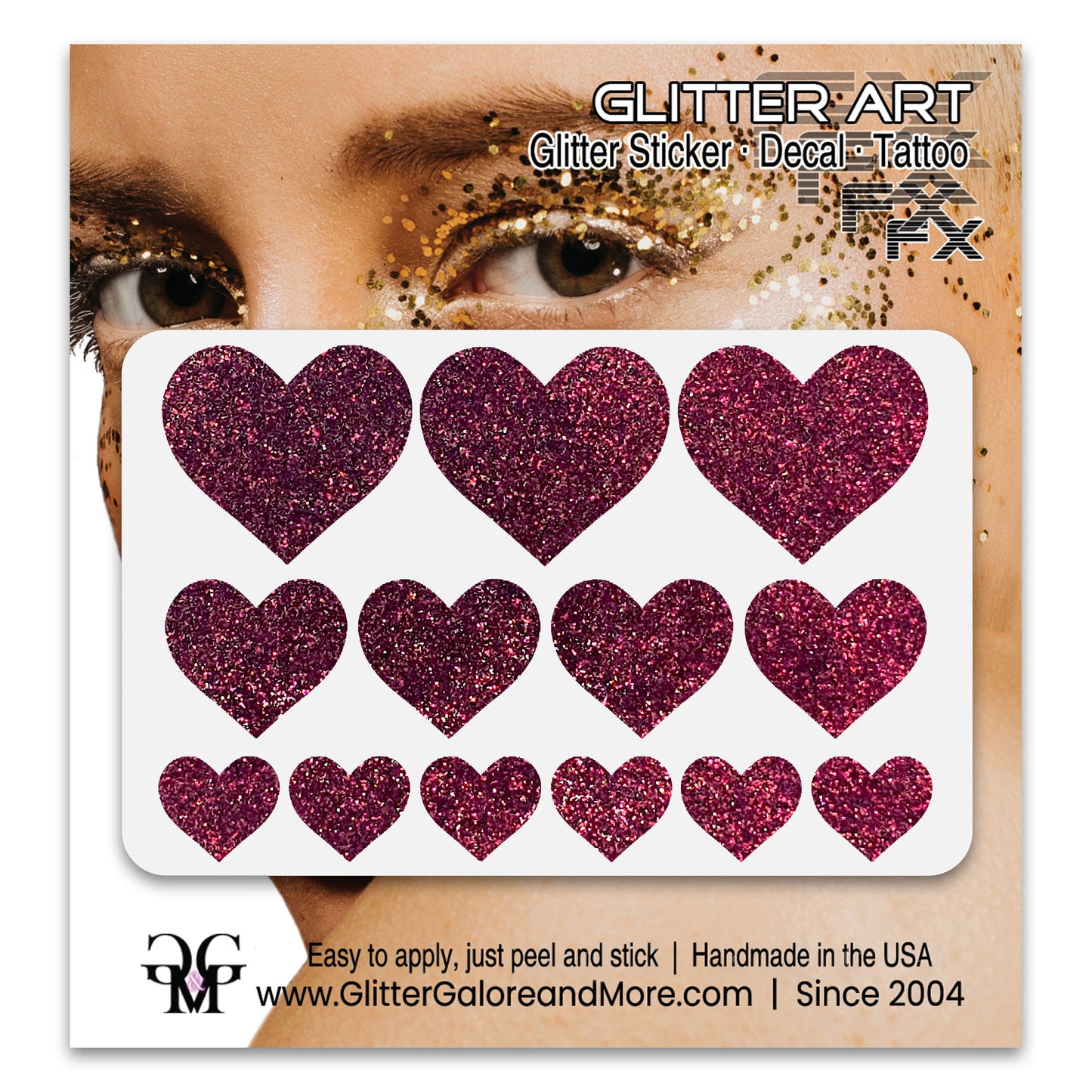 Maroon Glitter Heart Face Decals.