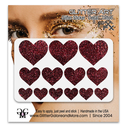 Maroon Glitter Heart Face Decals.