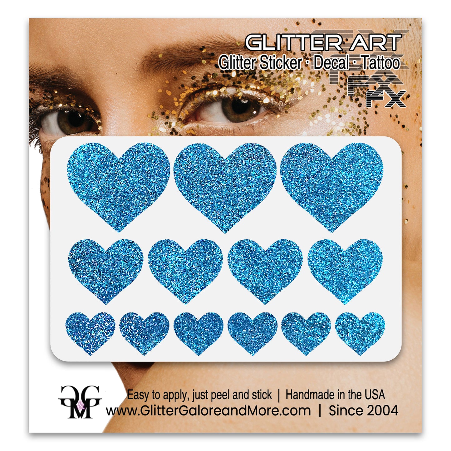 Turquoise Glitter Heart Face Decals.