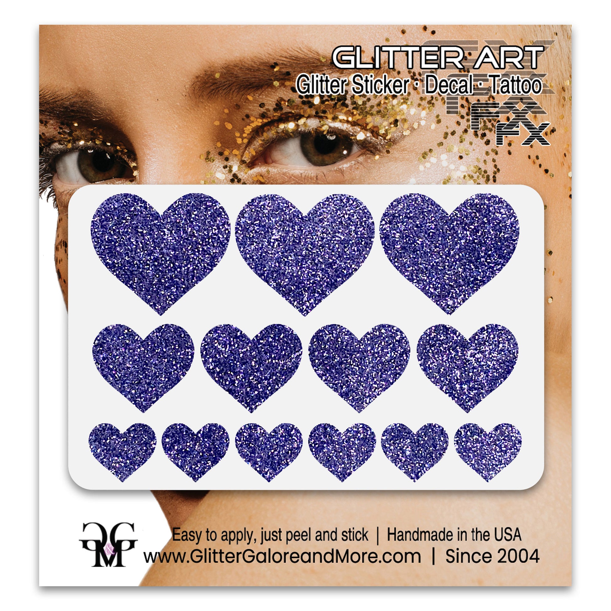 Multi Size Hearts in Lilac Glitter for Face and Body Tattoos.