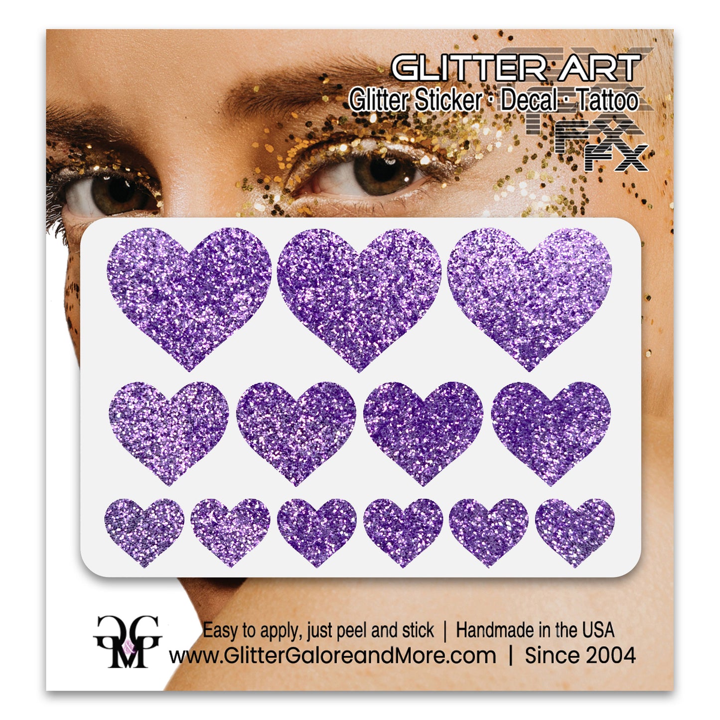 Purple Glitter Heart Face Decals.