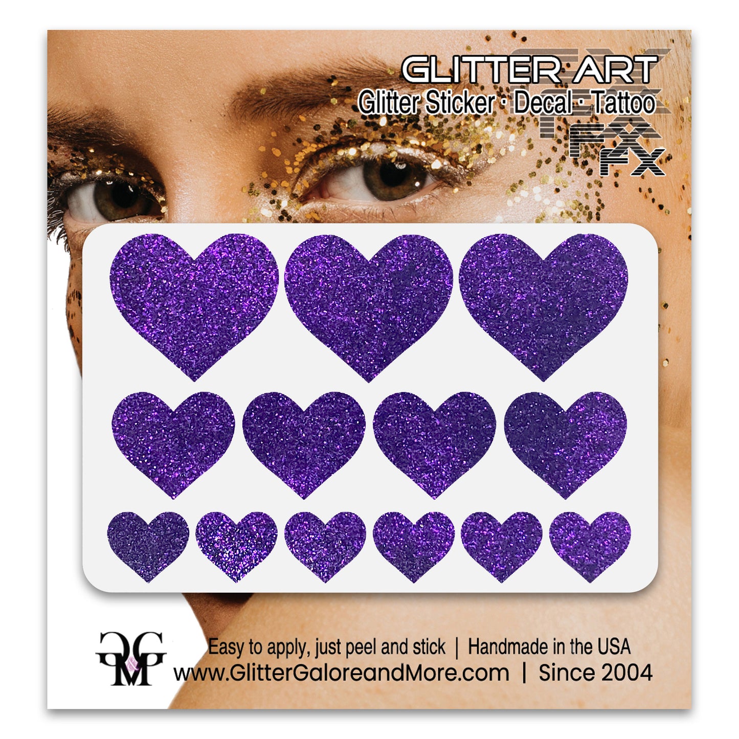 Bright Purple Glitter Heart Face Decals.