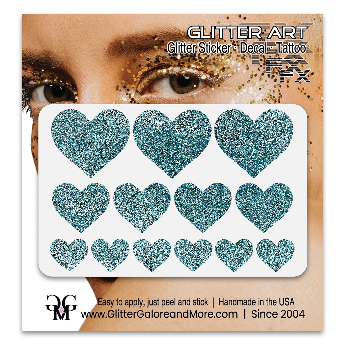Tiffany Blue Glitter Heart Face Decals. 