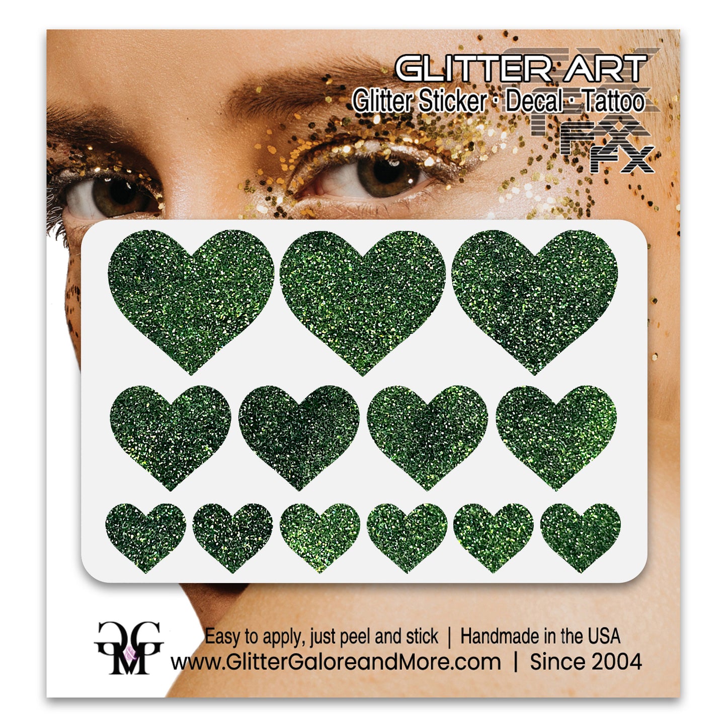 Olive Green Glitter Heart Face Decals.