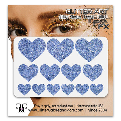 Columbia Blue Glitter Heart Face Decals or Temporary Tattoos.