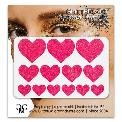 Electric Pink Glitter Hearts Temporary Tattoos.