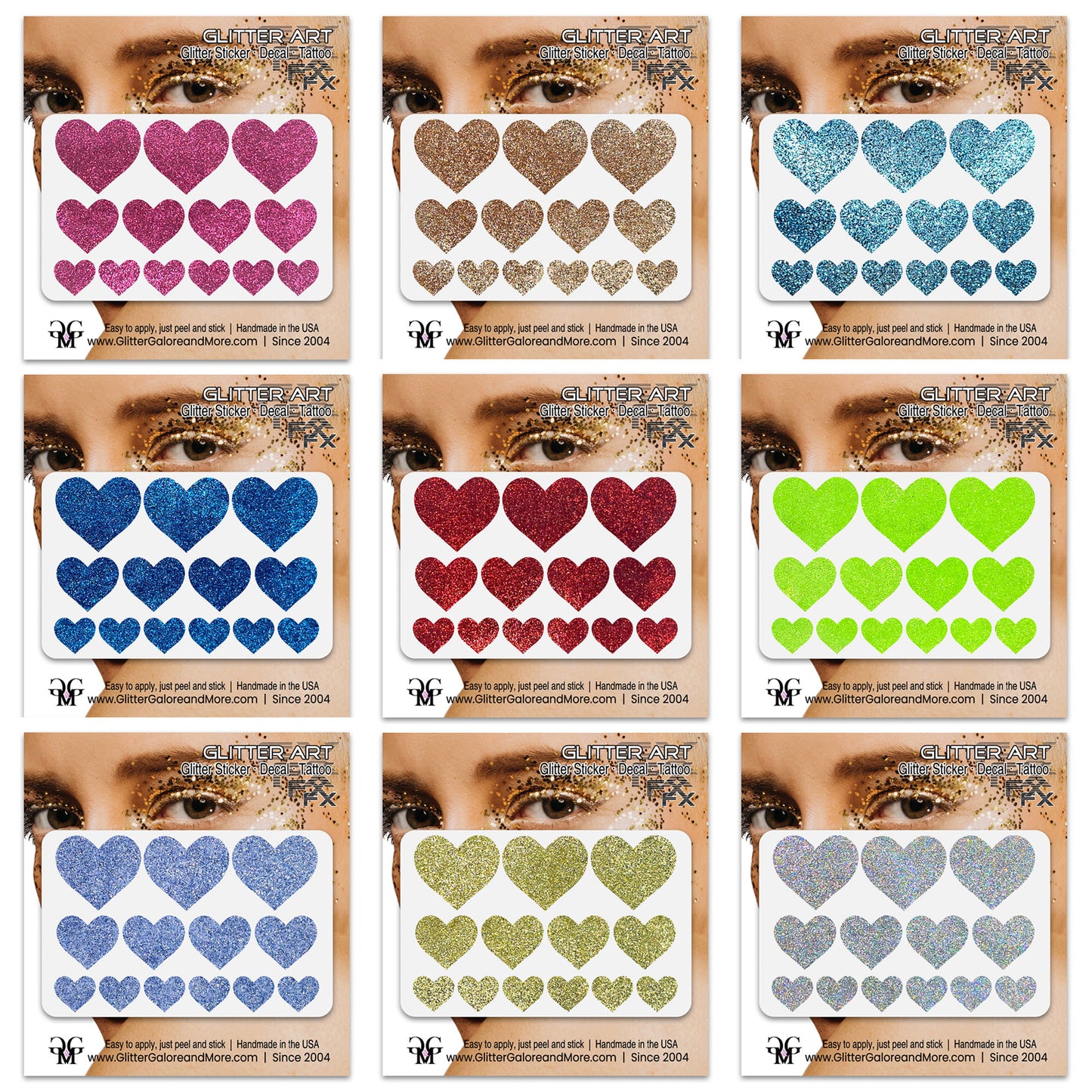 Heart face decal in multi-size and multi-colors.