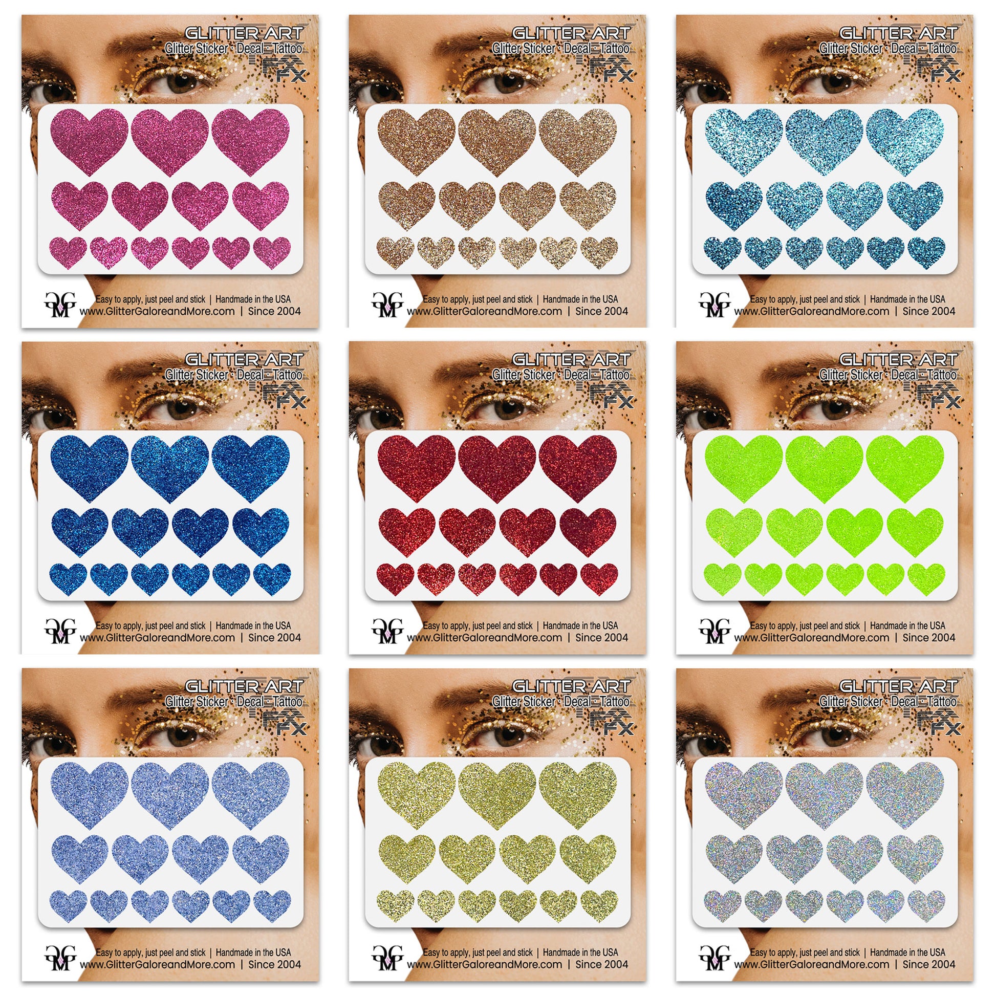 Heart face decal in multi-size and multi-colors.