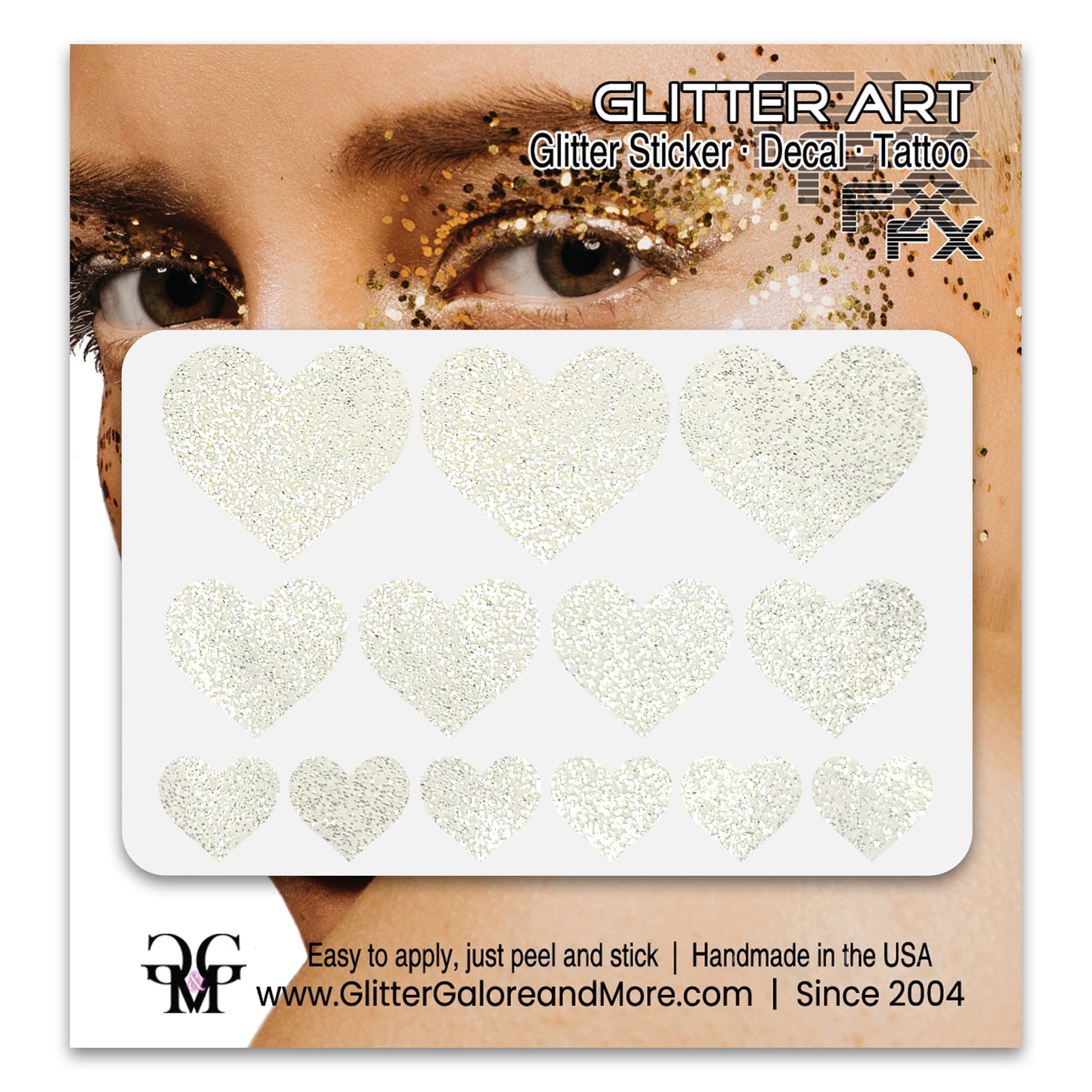 White Glitter Hearts for Face and Body Decals.