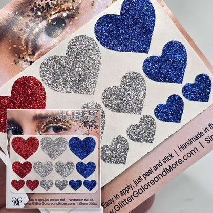 Hearts showing your love for country in red, silver and blue glitters.