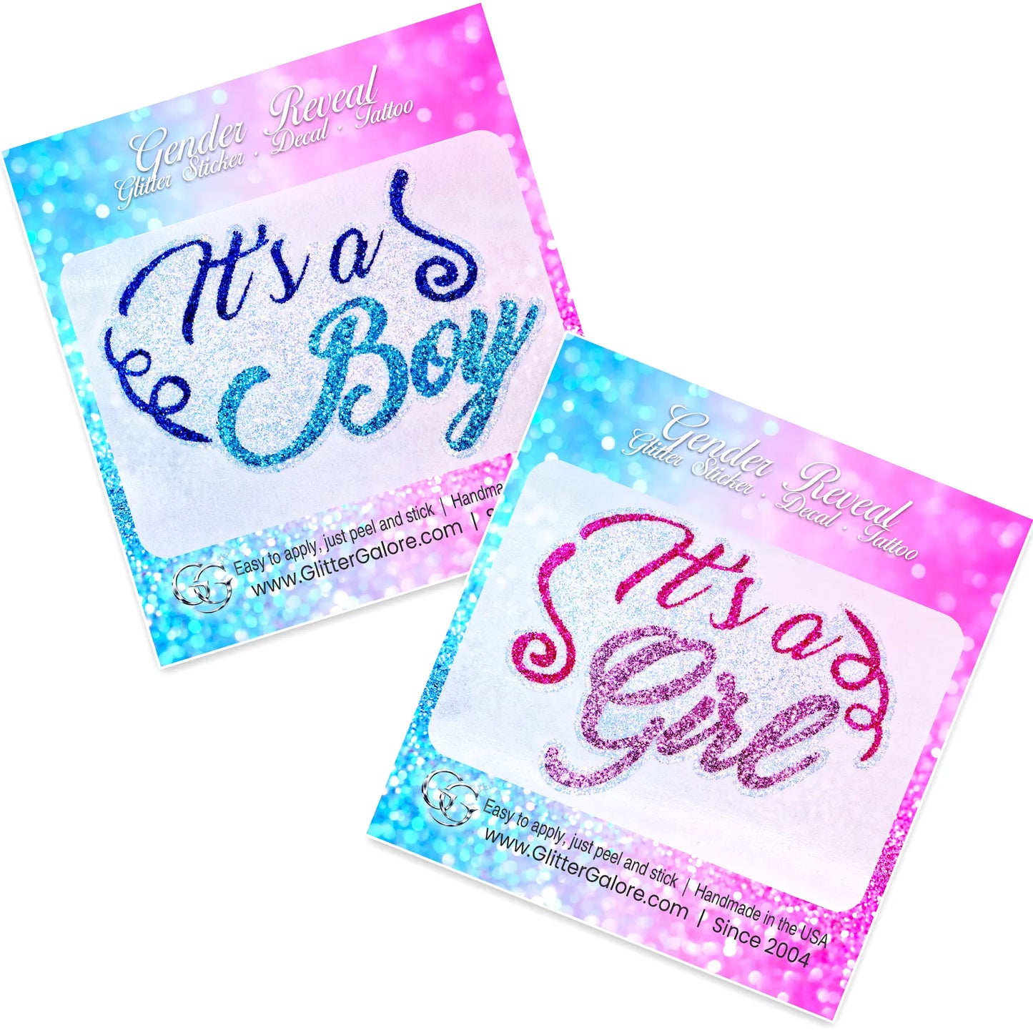 Gender reveal stickers in pink and blue glitter with 'It's a Boy' and 'It's a Girl' text.