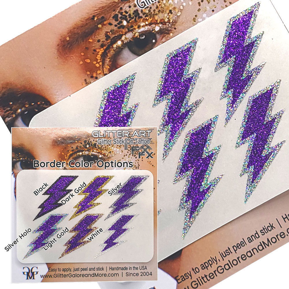 Purple Lightning Bolts Glitter Sticker Tattoo, Custom Glitter Bolts for Cheer Teams, Lightning Bolts Decal - Two Color Way