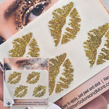 Kiss Lips Glitter Tattoo Stickers for Face and Body, 4 Pieces in Various Popular Glitter Colors