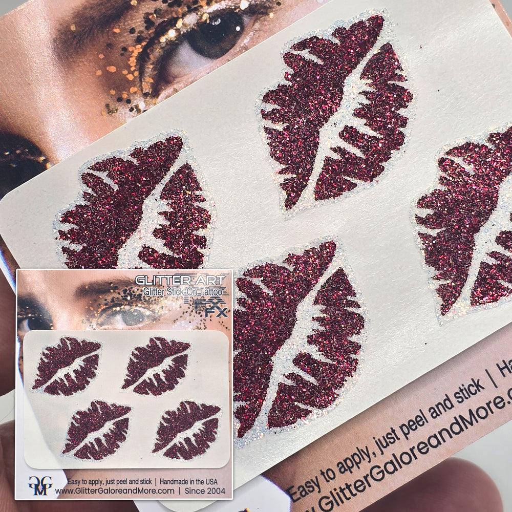 Kiss Lips Glitter Tattoo Stickers for Face and Body, 4 Pieces in Various Popular Glitter Colors