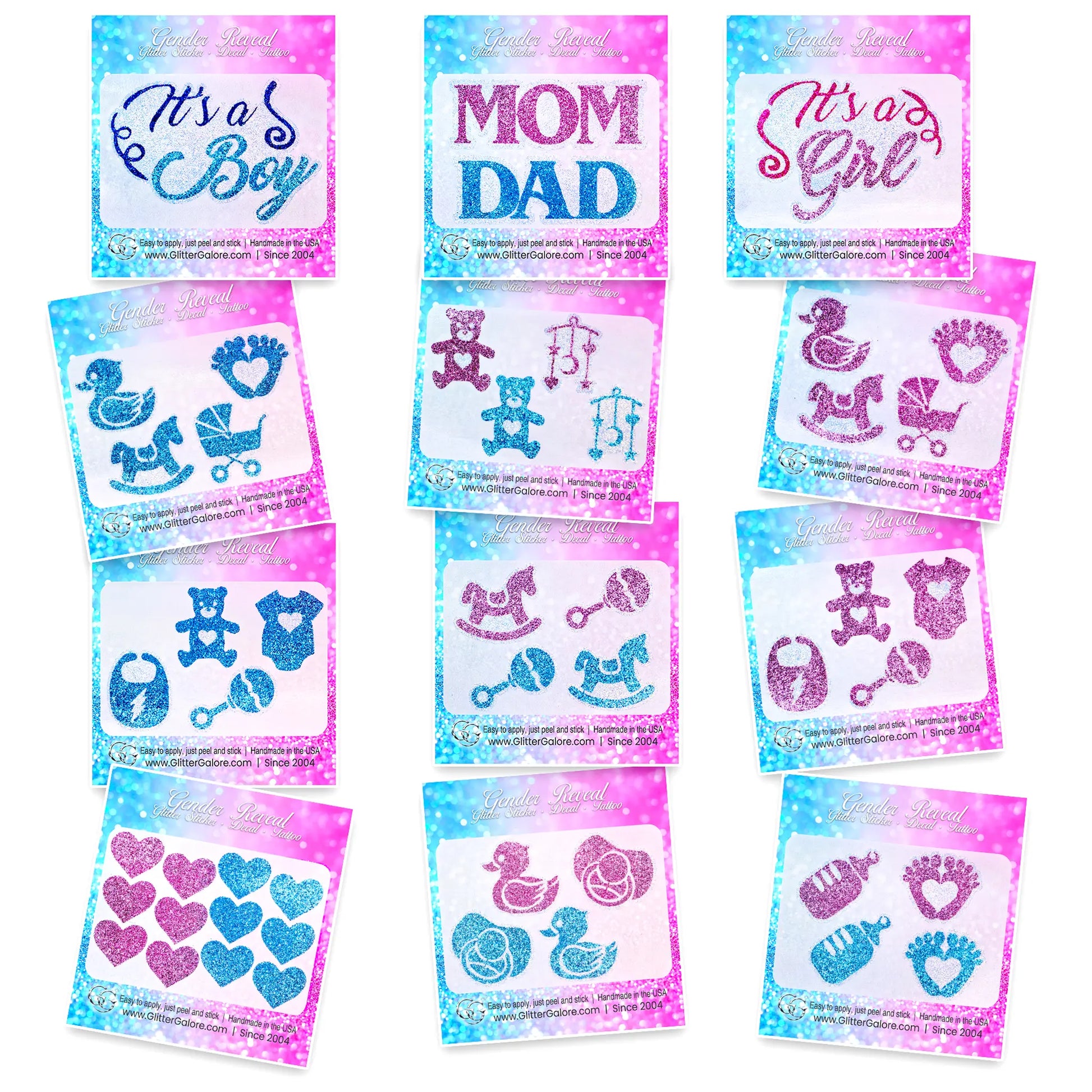 Collection of pink and blue glitter gender reveal stickers featuring "It's a Boy," "It's a Girl," and baby themed icons like strollers and rocking horses.