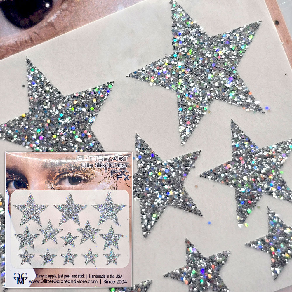 Multisize Glitter Stars Stickers in various sizes with Chunky Silver Holographic Accent