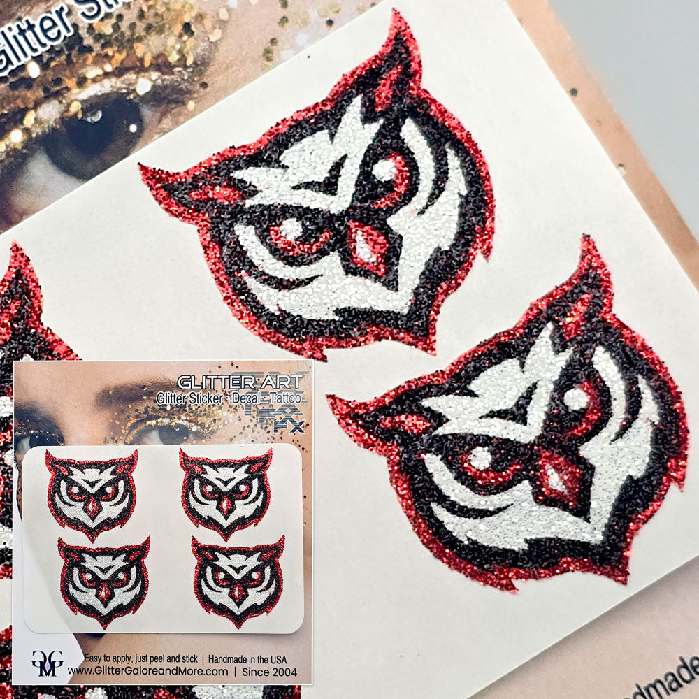 Owl Temporary Tattoo in Red , Black and White Glitter.