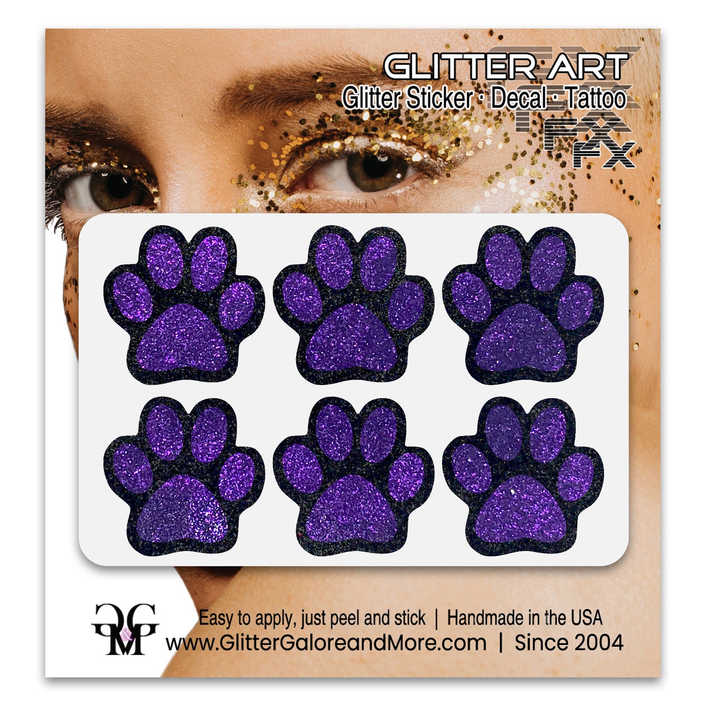 Glitter Paw Tattoo Stickers, Customizable Two Color Way, 1 Inch Diameter 6 Pieces, Black and White Borders