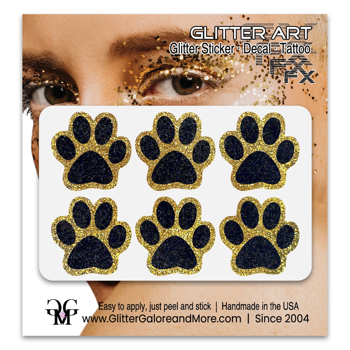 Glitter Paw Tattoo Stickers, Customizable Two Color Way, 1 Inch Diameter 6 Pieces - Silver and Gold Borders