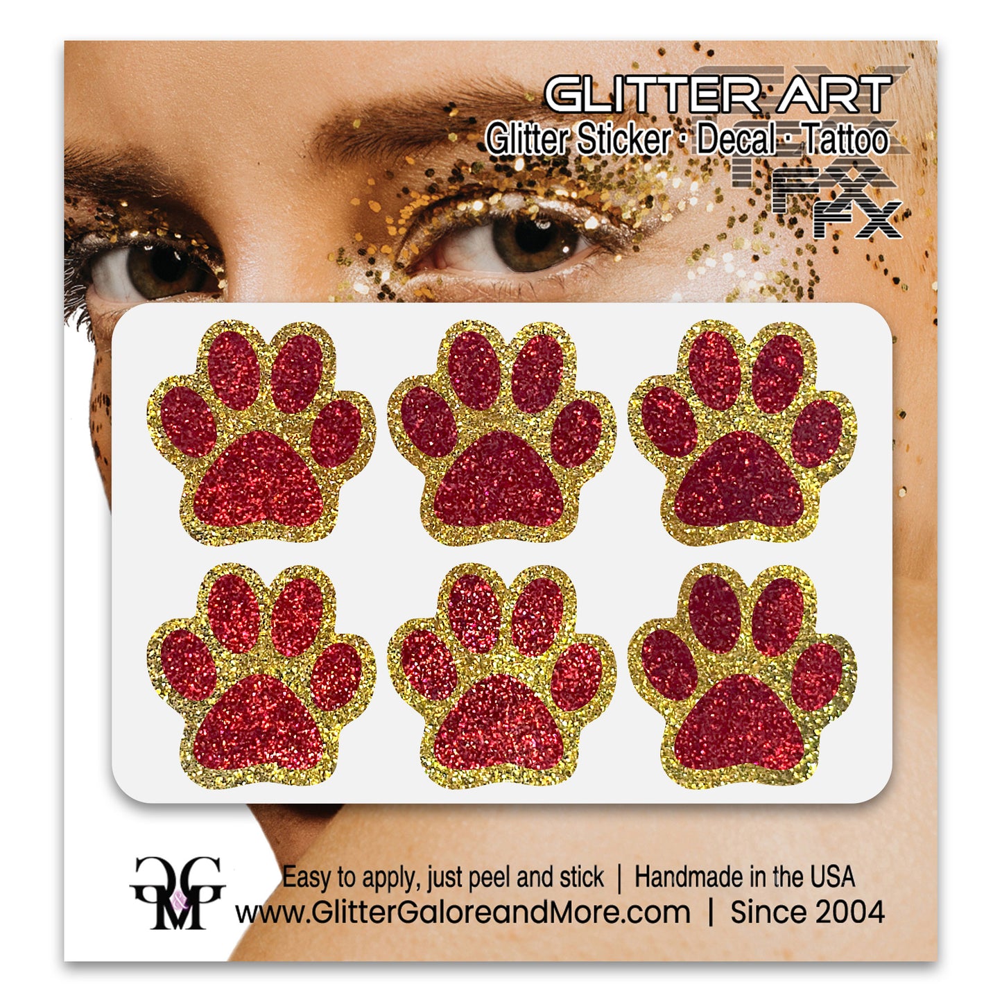 Glitter Paw Tattoo Stickers, Customizable Two Color Way, 1 Inch Diameter 6 Pieces - Silver and Gold Borders