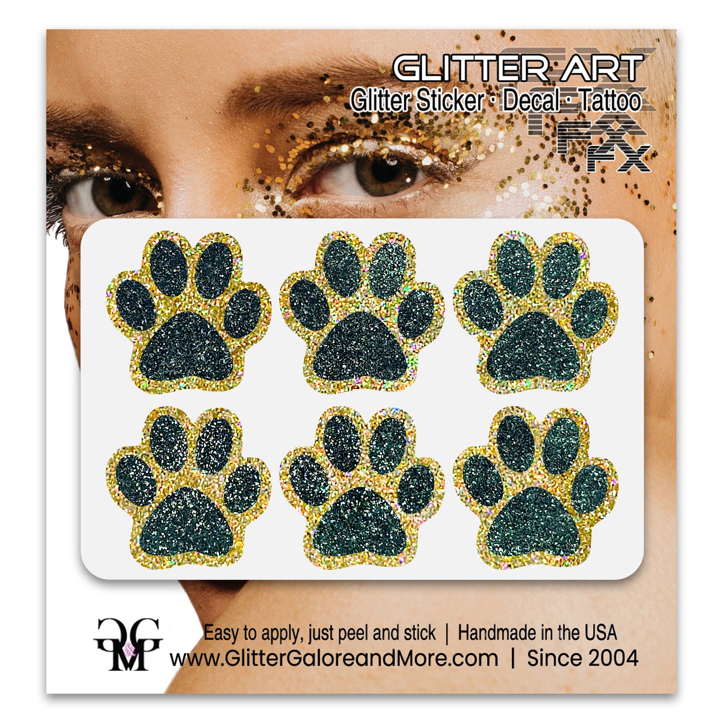 Glitter Paw Tattoo Stickers, Customizable Two Color Way, 1 Inch Diameter 6 Pieces - Silver and Gold Borders