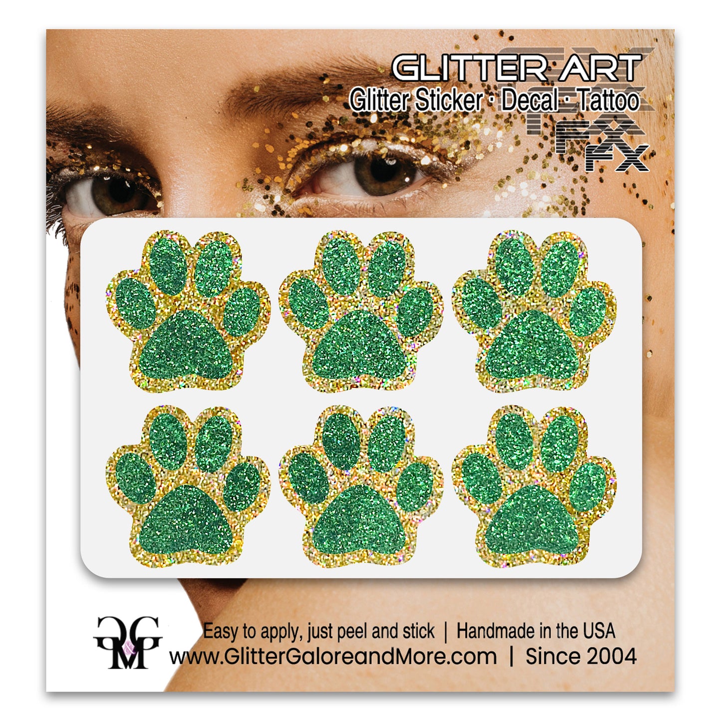 Glitter Paw Tattoo Stickers, Customizable Two Color Way, 1 Inch Diameter 6 Pieces - Silver and Gold Borders