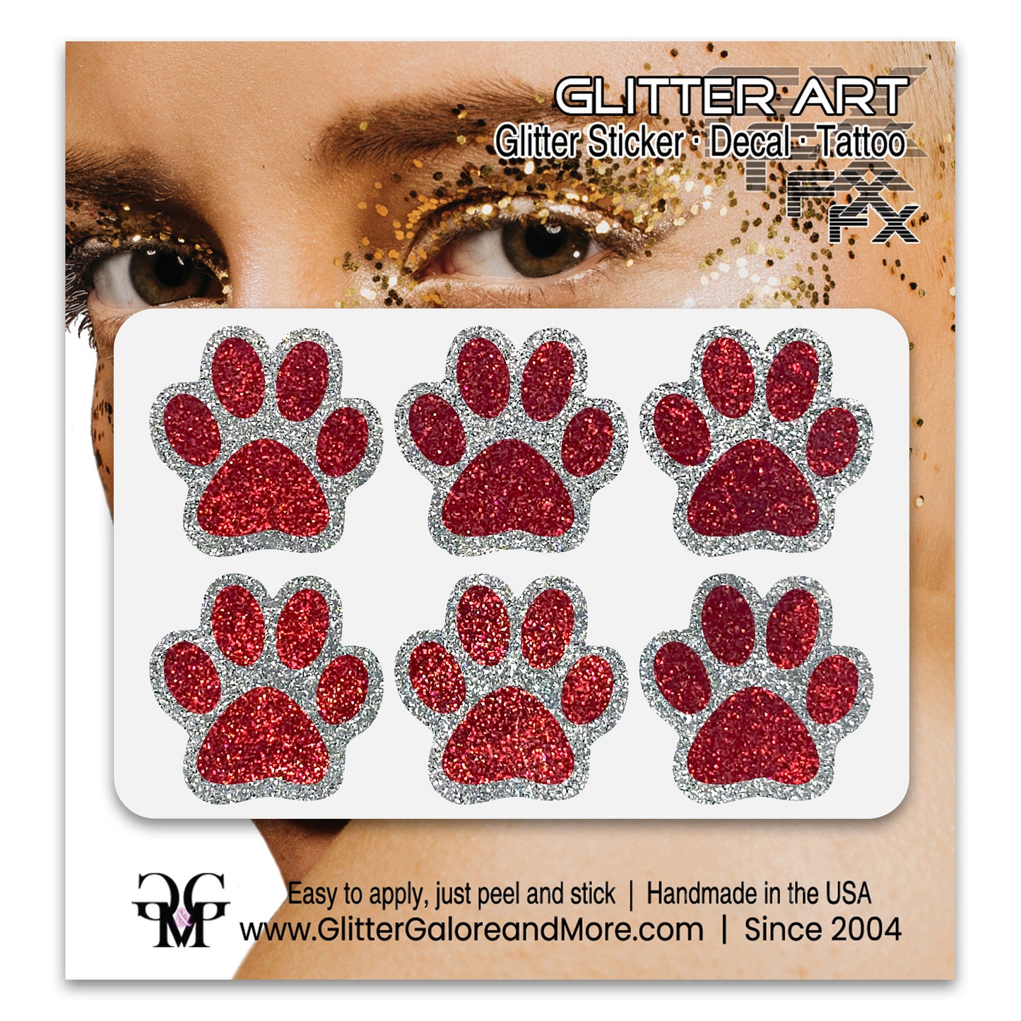 Glitter Paw Tattoo Stickers, Customizable Two Color Way, 1 Inch Diameter 6 Pieces - Silver and Gold Borders